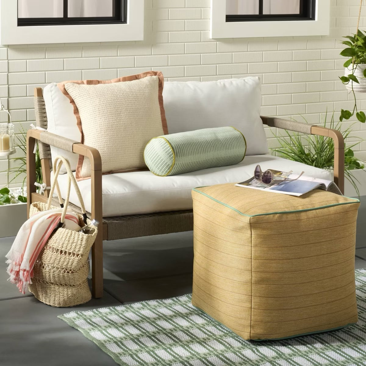 18"x18" Textured Woven Flange Detail Indoor/Outdoor Square Throw Pillow Natural/Blush