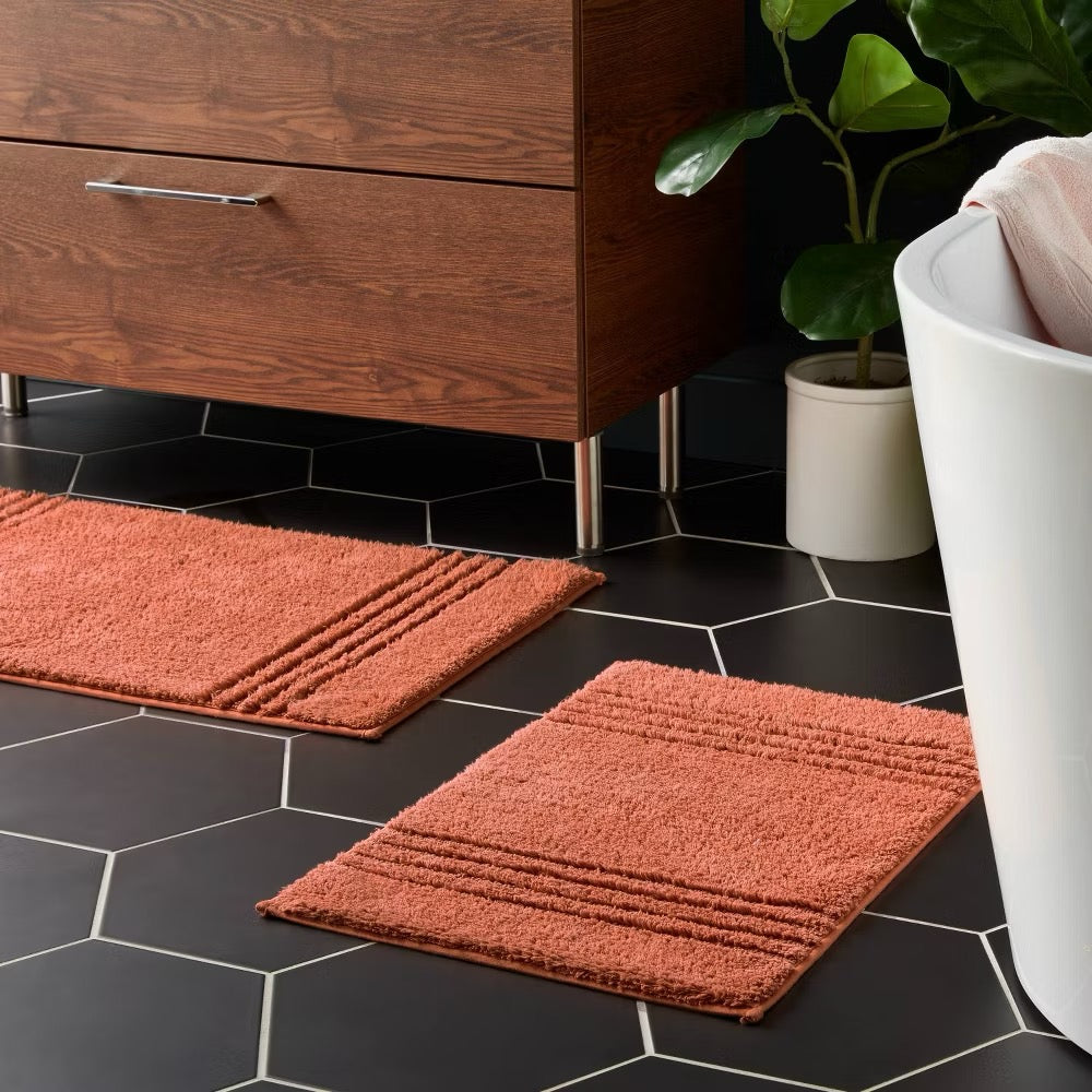 2pc 17"x24" and 20"x34" Performance Plus Textured Cotton Striped Non Skid Bath Rug Set - Threshold