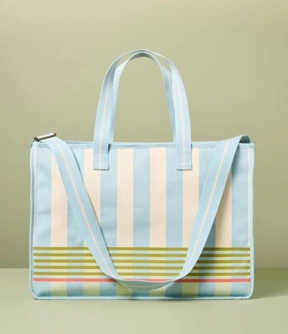 Cross Stripe Carry-All Tote Blue/Green/Natural